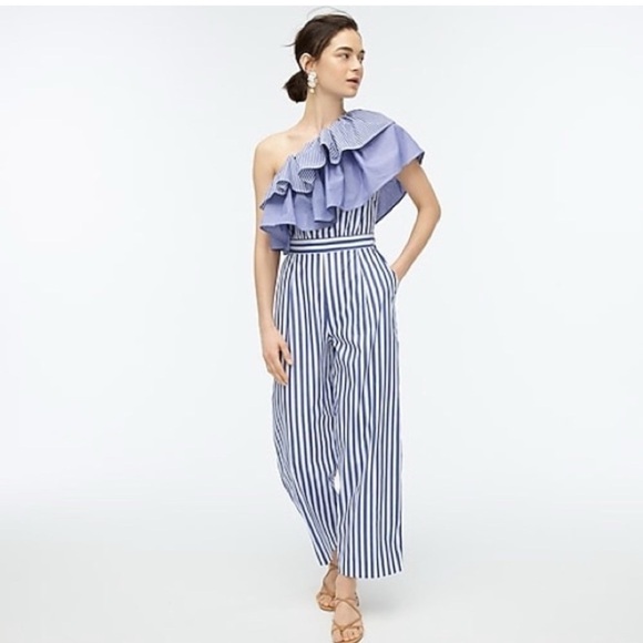 J. Crew Pants - J. Crew One Shoulder Ruffle Jumpsuit Blue White Stripe 100% Cotton Size US 4